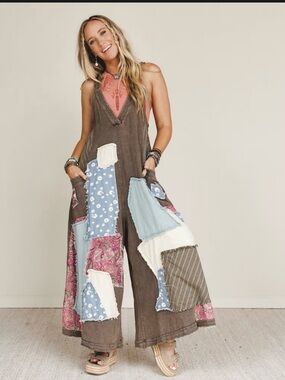 NWT:Blue Velvet Garden Drift Mixed Patchwork Flowy Cropped Wide Leg Jumpsuit•S/M